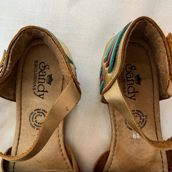 Sandy Exclusiva Gold Pink Teal Woven Leather Aztec Ankle Strap Sandals Huaraches - Picture 6 of 8